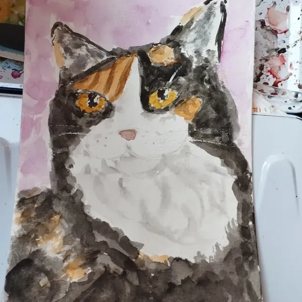 Aquarelle d'une chatte tricolore 
