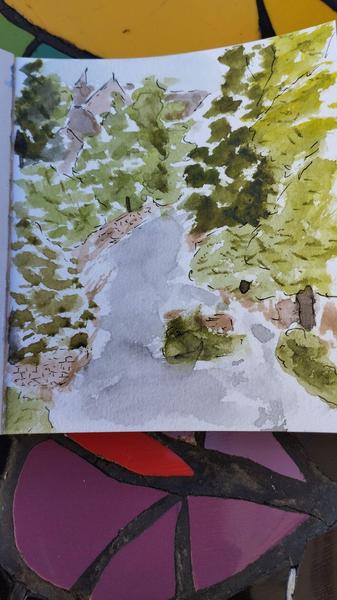 Aquarelle d'une rue bordée d'arbre