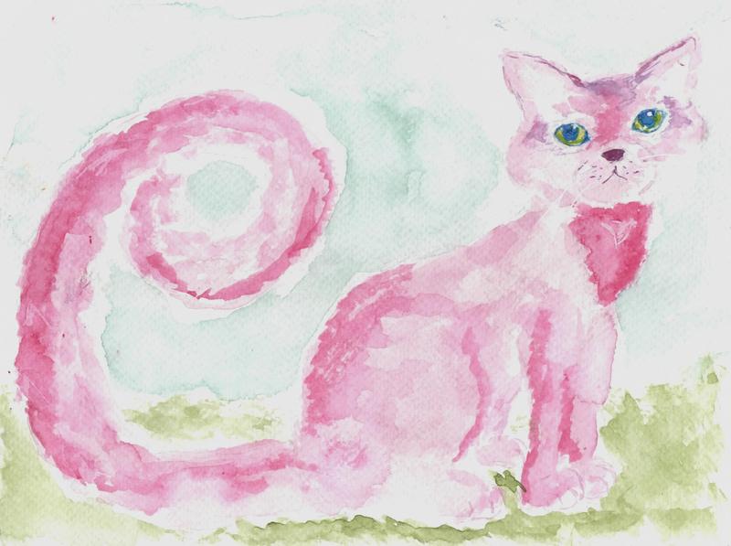 aquarelle d'un chat violet, qui a une longue queue en spirale