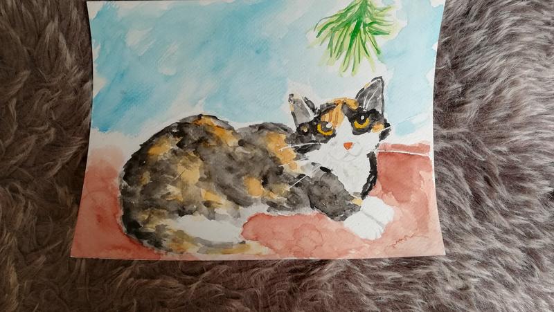 Aquarelle d'une chatte tricolore 
