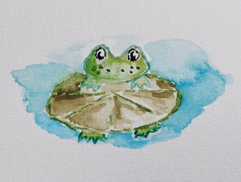 Aquarelle d'une grenouille qui s'accroche à un nénuphar 