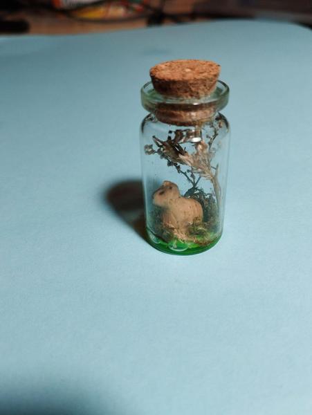 Un mini capybara en bois dans une petite fiole
