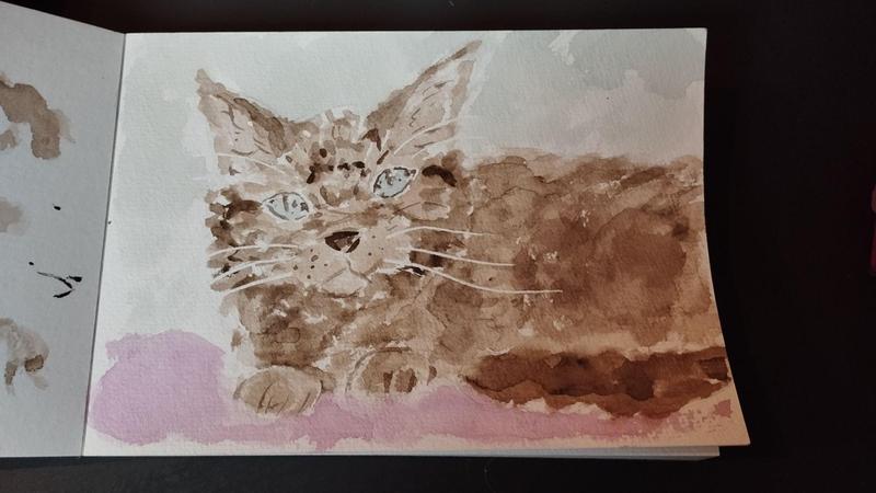 Aquarelle d'un chat tigré marron au yeux bleus