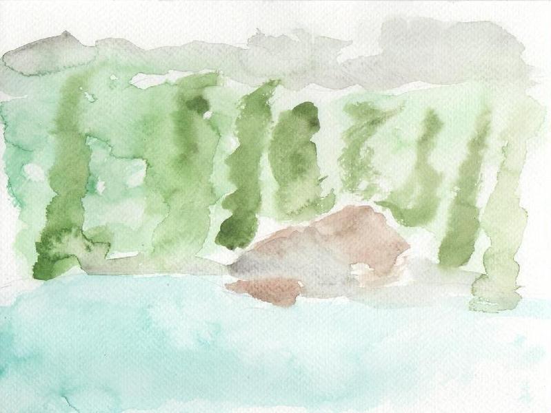 watercolor painting of a house near a lacthe house has few details, and is hard to recognize behind the house, there are trees represented with different of shades of green