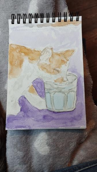 Aquarelle d'un chat roux et blanc qui boit dans un verre d'eau 