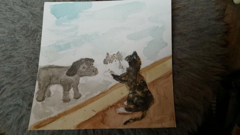Aquarelle d'une chatte tricolore qui touche avec sa patte gauche une vitre. Derrière la vitre il y a un chien gris