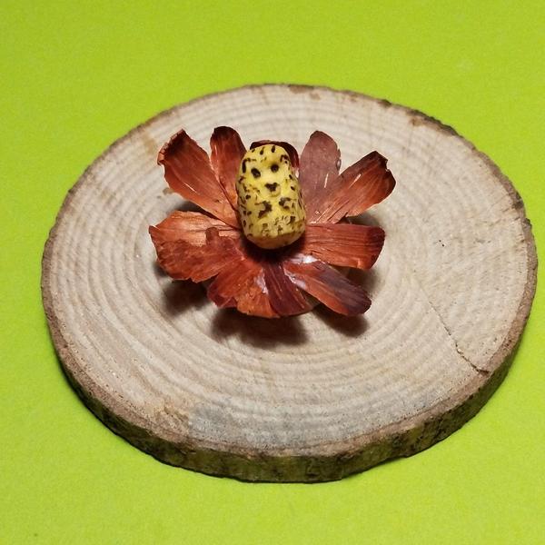 Une fleur faite en copeaux de bois rouge. Au milieu, un petit hérisson en boule