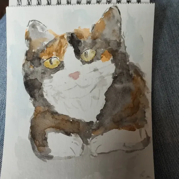 Aquarelle d'une chatte tricolore au patounes blanches 