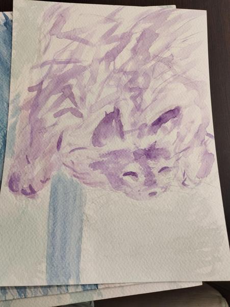 Aquarelle d'un maine coon endormi sur une chaise, la tête penchant vers le bas