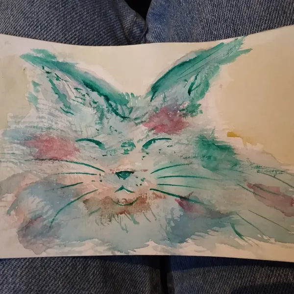 Aquarelle d'une chatte à poils longs dans des teintes vert bleu