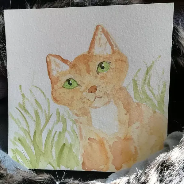 Aquarelle d'un chat roux aux yeux verts 