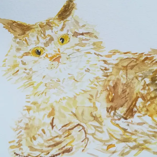Aquarelle d'un chat roux qui louche 