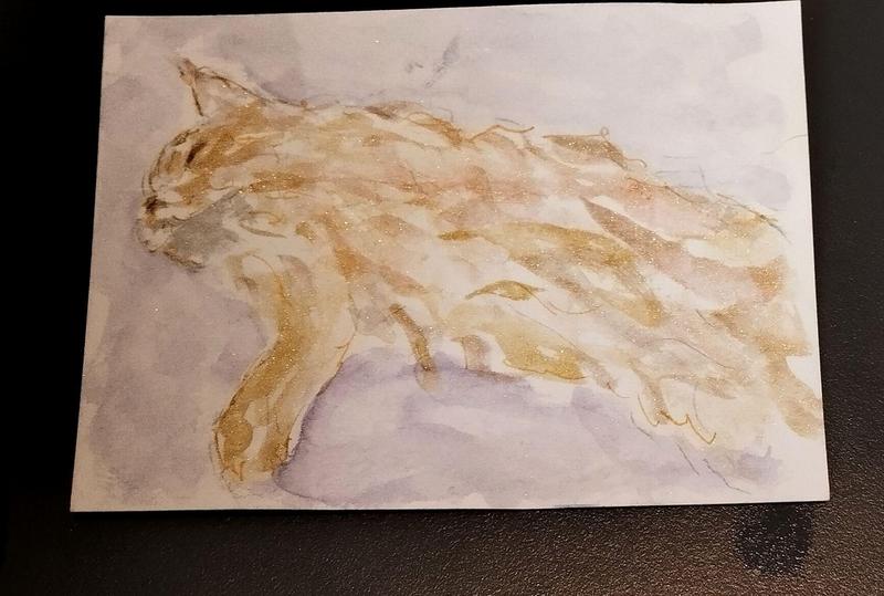 Petite aquarelle d'un maine coon roux qui dort