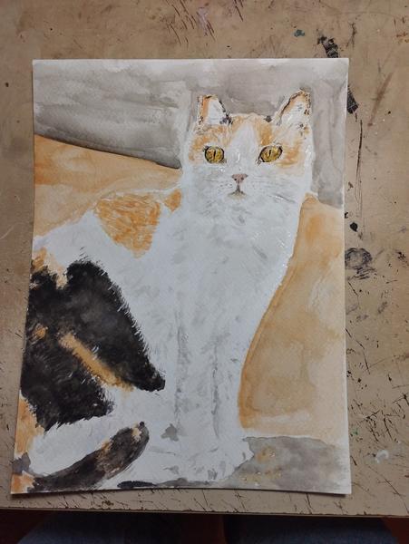 Watercolor of a white cat with ginger and black patches sitting on a terracotta tiled rooftop against an orange wall, looking at the camera. It's missing the top of one ear.
