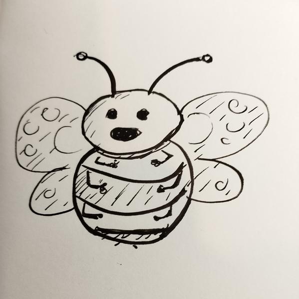 Sketch of a bumblefly : a bug with the body of a bumblebee, wings of a butterfly and a round smiling head 