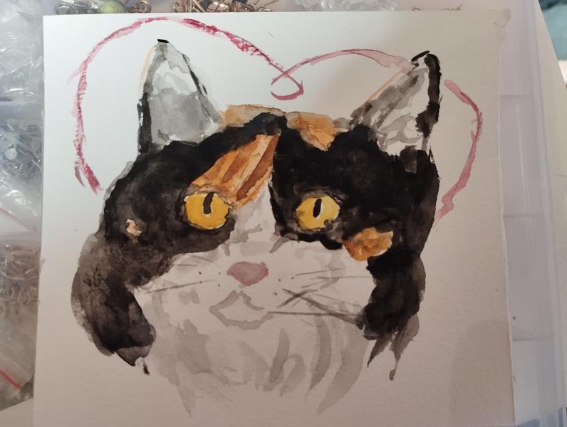 Aquarelle d'une chatte tricolore 
