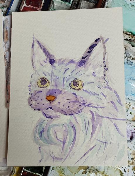 Aquarelle d'un chat violet et bleu