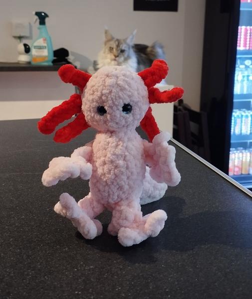 Un axolotl au crochet. Au fond une superbe maine coon le regarde