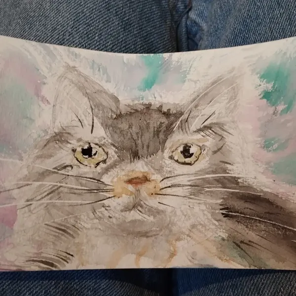 Aquarelle d'une chatte grise à poils longs 