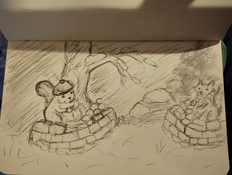 Dessin au crayon gris sur un carnet. Un écureuil affronte un renard dans une bataille de boules de neige.L'écureuil porte un bonnet, le renard une écharpe. Chacun est retranché derrière un mur de briques en neige 