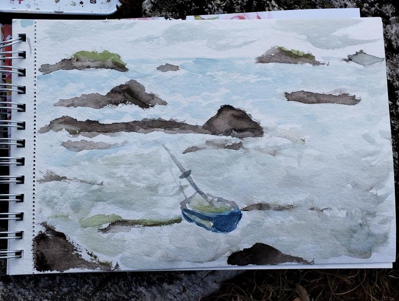 Aquarelle d'une côte à marée basse avec un bateau échoué 