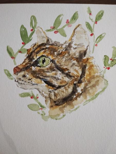 Aquarelle d'une chatte tigrée, vue de profil 