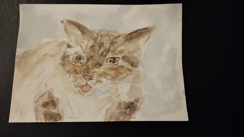 Aquarelle d'un chat tigré et beige qui tire la langue
