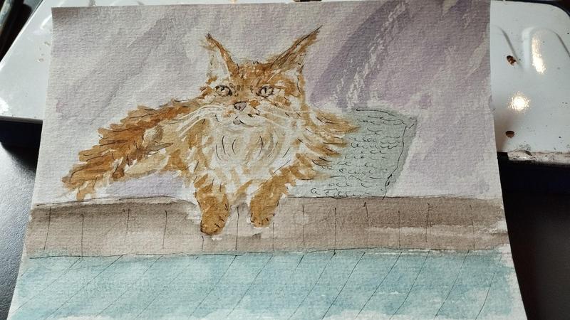Aquarelle d'un maine coon roux