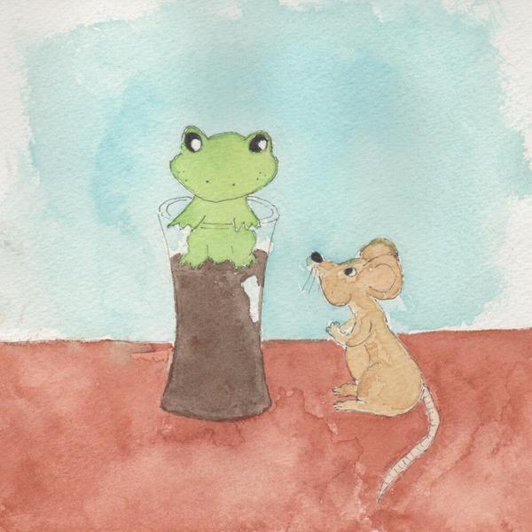 aquarelle d'une grenouille dans un verre et d'une souris qui la regarde