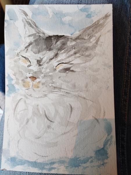 Aquarelle d'une chatte grise à poils longs 