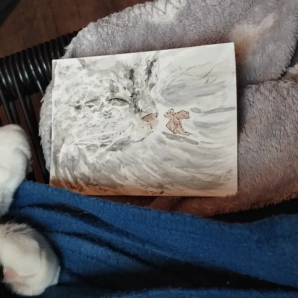 Aquarelle de Tina qui regarde un petit dragon 