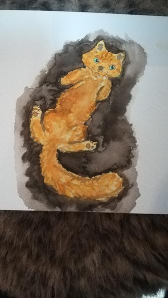 Aquarelle d'un chat roux à poils longs. Le chat montre son ventre 