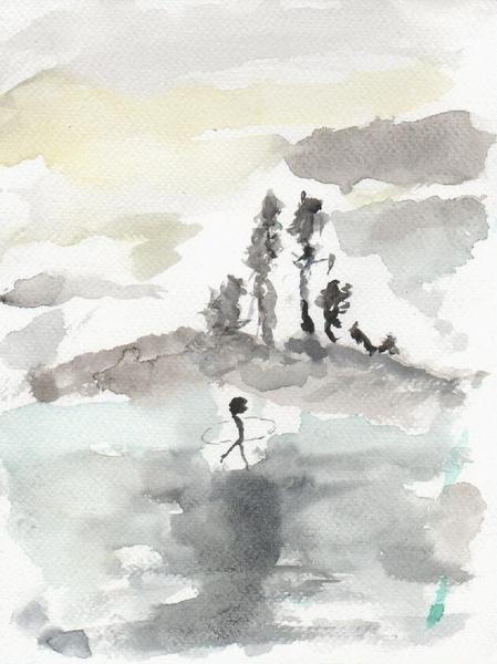 watercolor painting of a surfer walking on a beachbehind the surfer, there is a hill with some pine trees