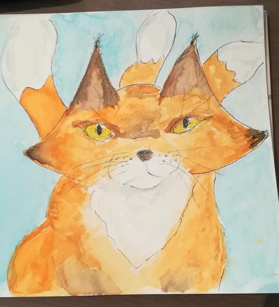 Aquarelle d'un renard à trois queues 