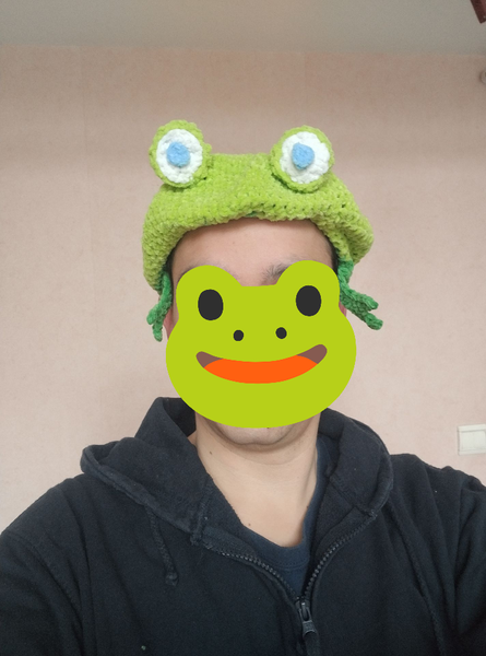 Photo d'un homme portant un bonnet/béret grenouille. Le visage est caché par une emoji grenouille