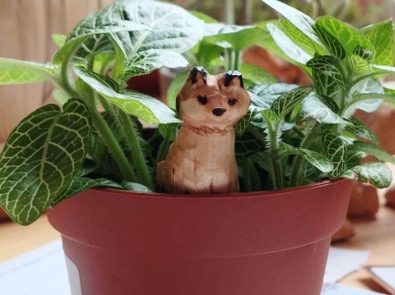 Un renard en bois dans un pot de fittonia