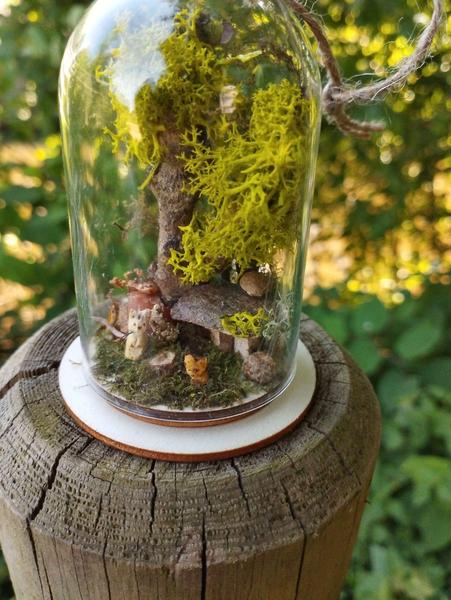 Une scène miniature : un arbre sous une cloche en verre