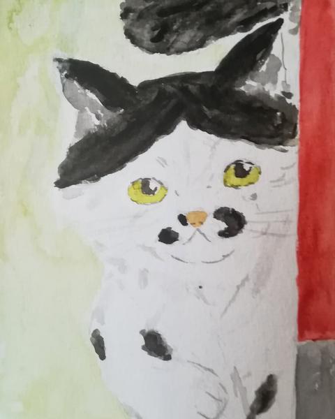 Aquarelle d'un chat noir et blanc à poils longs qui se cache à moitié derrière une cloison. Il a l'air un peu triste 