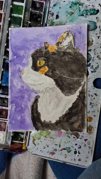 Aquarelle d'une chatte trico8, visage de profil regardant vers la gauche 