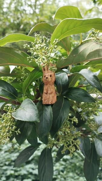 Un petit lapin en bois au milieu de feuilles de sureau