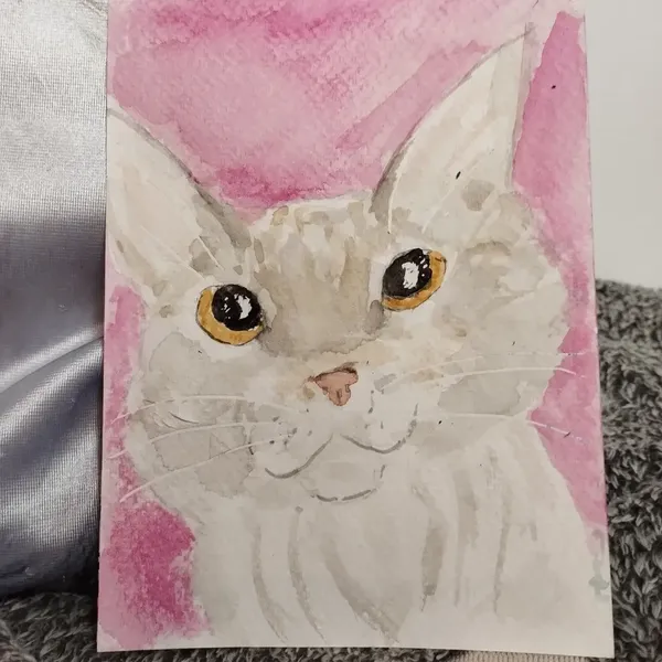 Aquarelle d'un chat blanc beige, yeux grand ouvert 