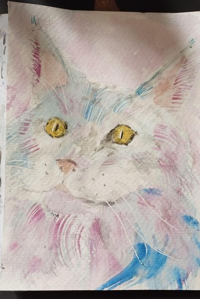 Aquarelle d'un chat, blanc bleu et violet