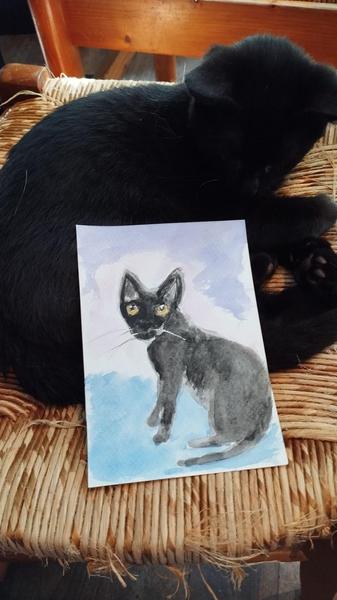 Un chaton noir et son portrait en aquarelle