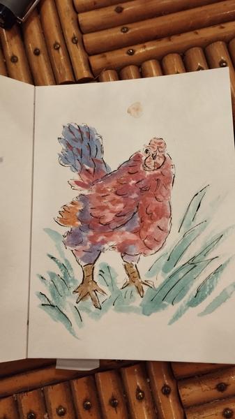 Aquarelle d'une poule qui juge