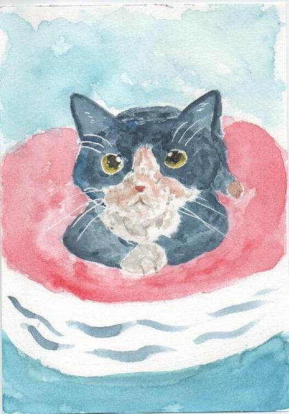 Aquarelle d'un chaton sur un panierle chaton est gris/bleu avec une patte et le visage marron claire