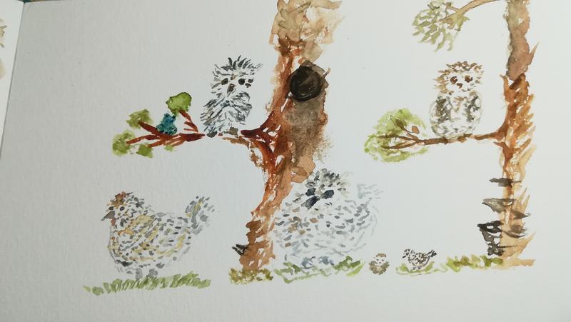 Aquarelle avec des poules et des chouettesLes poules sont au sol, les chouettes perchées sur des branchesUne petite grenouille bleue/verte se cache dans le feuillage 