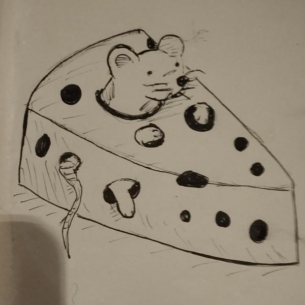 Sketch of a mouse stuck in a piece of cheese 