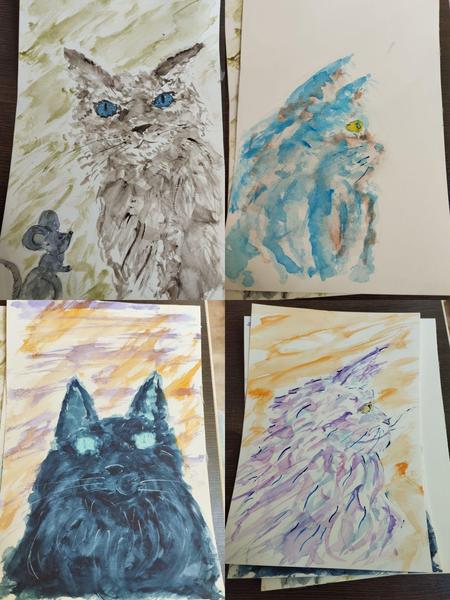 4 aquarelles de chats