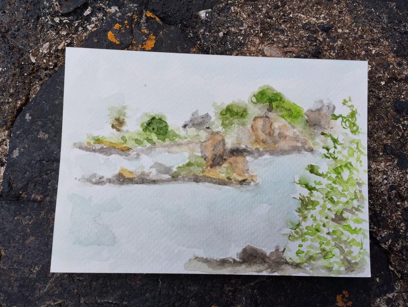 Aquarelle d'un paysage marin, un arbre en avant plan et des îles