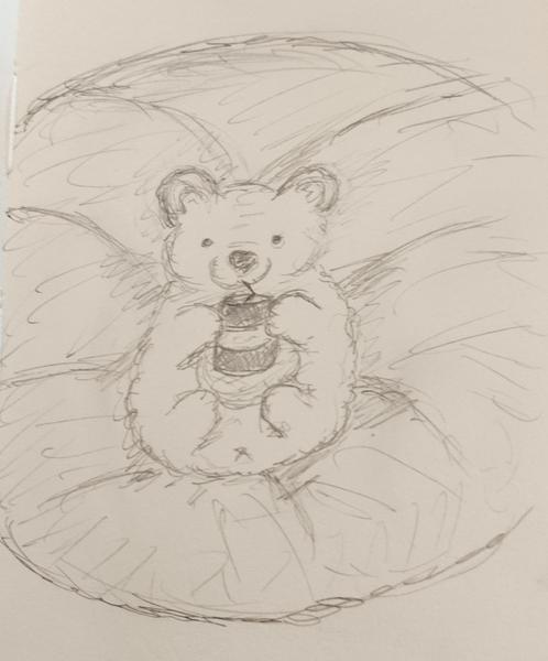 Dessin au crayon d'un petit ourson qui boit une boisson avec une paille. Il est confortablement installé dans un pouf